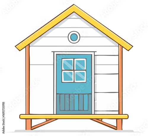 Stylized Isolated Beach Hut Illustration with Round Window and Blue Door