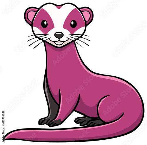 Cute pink cartoon ferret illustration sitting with a happy friendly expression