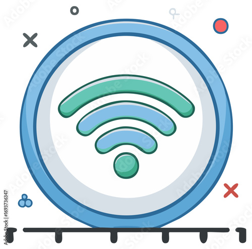 Colorful Wi-Fi symbol illustration in a blue circle for wireless network connection and internet access