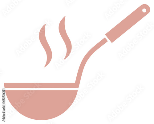 A stylized illustration of a pink soup ladle with steam rising from its bowl and a hole in the handle