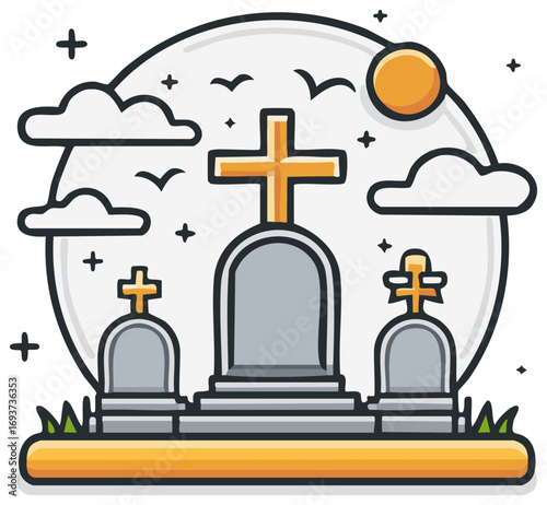 Cemetery Illustration with Crosses, Moon, Clouds, and Birds for Spooky Halloween or Religious Themes
