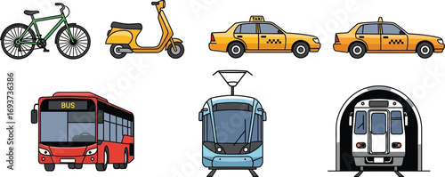 A collection of various urban transportation vehicles including a bike, scooter, taxi, bus, tram, and subway.