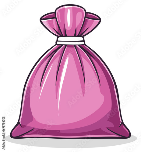 Vibrant pink cartoon bag tied securely at the top with a white ribbon a simple vector graphic