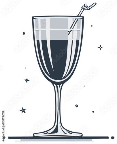 Stylish cocktail glass with straw, black and white illustration, party decoration