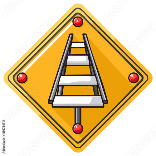 Yellow Diamond Road Sign with Railroad Tracks and Red Reflectors