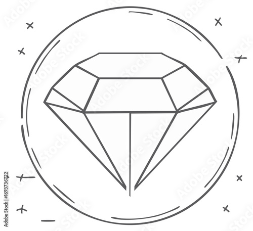 Simple geometric diamond design inside a circle illustration with sparkle elements.