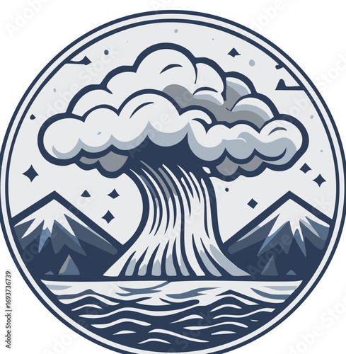 Stylized landscape featuring mountains, clouds, waves, and stars in circular frame design