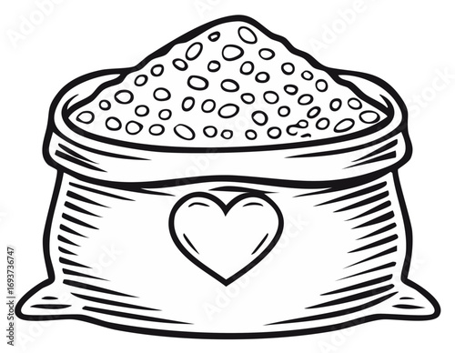 Sketch of a burlap sack filled with grain with a heart shape on the front