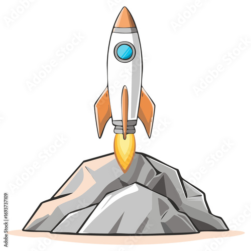 Cartoon rocket ship taking off from a rocky planet a concept for business startup and success