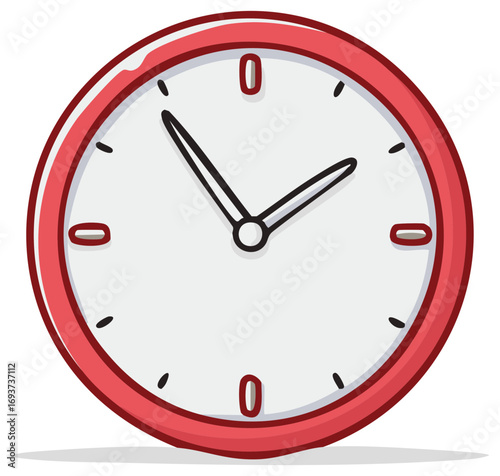 Simple red bordered analog clock face with black hands and markers showing nearly two o'clock