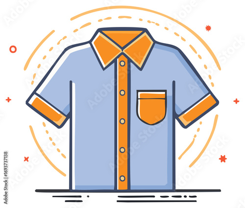 Casual blue short-sleeved shirt with orange collar and pocket illustration icon