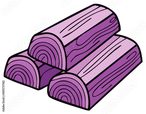 Pile of Purple Colored Logs with Tree Rings and Wood Grain Illustration