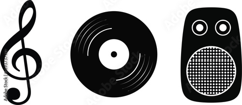 Black silhouettes of a treble clef, a vinyl record, and a speaker, representing music and sound.