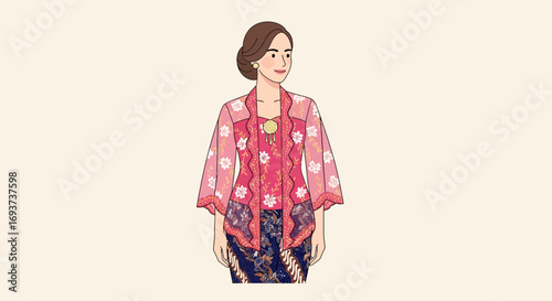 Traditional Indonesian Woman in Kebaya and Batik Attire Illustration