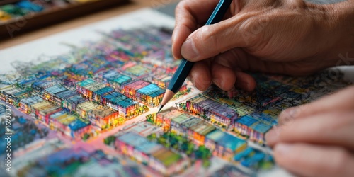 Artist sketches colorful cityscape with colored pencil, showcasing vibrant neighborhoods and details in daylight