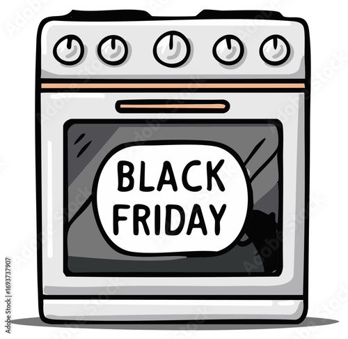 A cartoon kitchen stove with Black Friday text for appliance sale promotions
