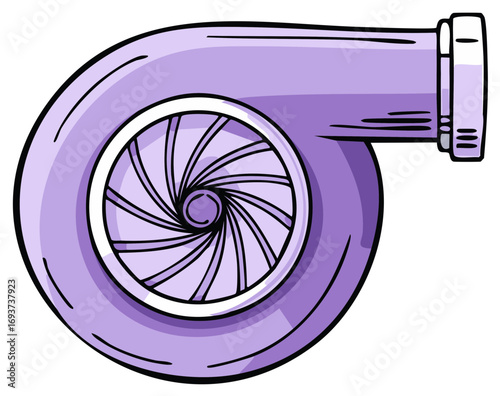 Cartoon illustration of a purple automotive turbocharger engine part for car tuning and speed