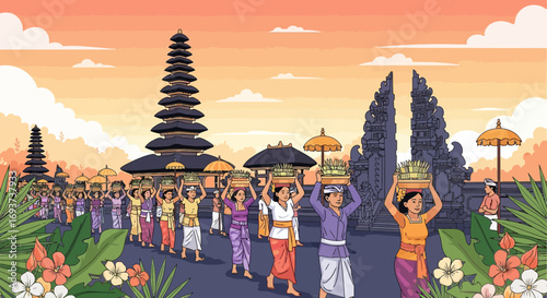 Traditional Balinese Temple Procession with Offerings at Sunset