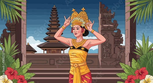 Elegant Balinese dancer in traditional golden costume performs cultural dance in front of temple, surrounded by tropical flowers.