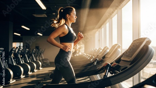 Fit woman running on treadmill, morning gym workout