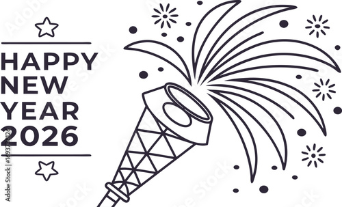 Exciting New Year 2026 celebration with bursting party popper and festive fireworks!