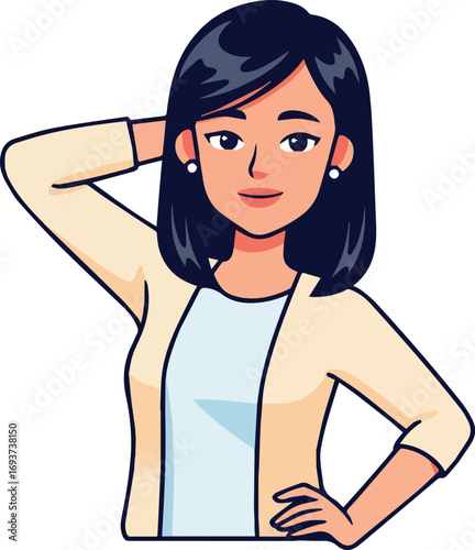 A beautiful young woman with short black hair in a confident pose, depicted as a stylish cartoon character vector illustration