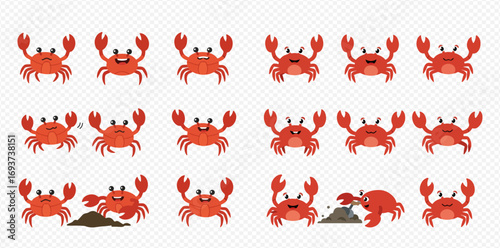 A collection of cute cartoon red crab characters with various poses and facial expressions, including happy, angry, and winking.