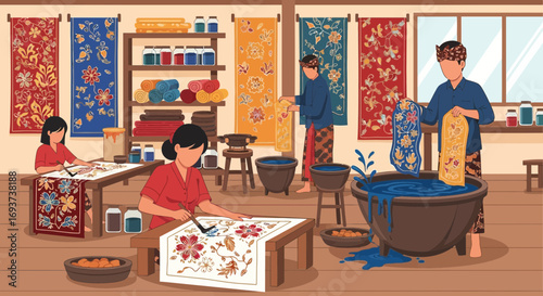 Batik Fabric Crafting: Artisans Hand-Dyeing and Wax-Resist Patterning in Traditional Workshop