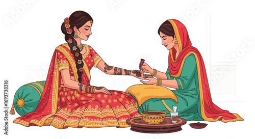 Traditional Indian Mehndi Ceremony: Woman receiving intricate henna art on her hand for a cultural celebration or wedding