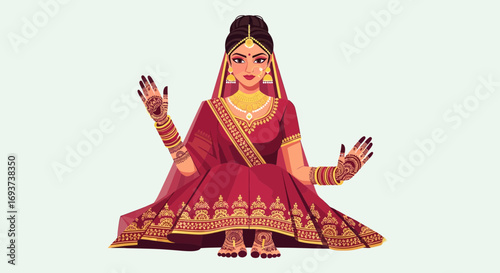 Elegant Indian Woman in Traditional Red Ethnic Attire with Gold Jewelry and Henna Art Illustration