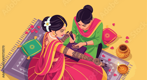 Traditional Indian Mehndi Application for Wedding or Festival. Woman Getting Henna Art. Cultural Ceremony Celebration.
