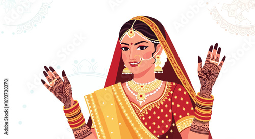 Beautiful Indian Bride Illustration with Traditional Attire, Jewelry, and Mehndi Hands for Wedding Celebration