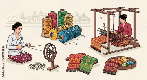 Traditional Textile Craft: Women Spinning and Weaving Fabric with Looms and Thread Spools, Cultural Handicraft Illustration