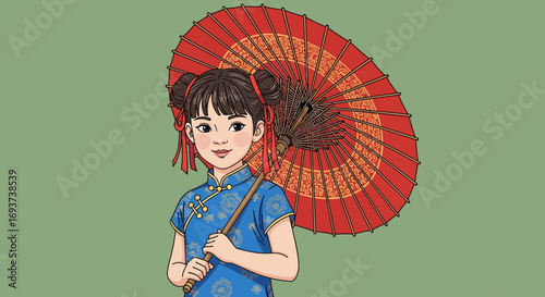 Smiling Young Asian Girl in Blue Cheongsam with Traditional Red Paper Umbrella Illustration