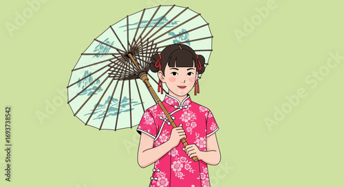 Smiling Asian girl in traditional pink cheongsam with paper umbrella. Cultural fashion illustration.