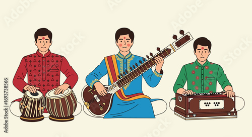 Traditional Indian Musicians Playing Sitar, Tabla, and Harmonium. Cultural Music Ensemble Illustration.