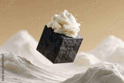 Floating black cube with whipped cream