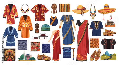 Traditional Asian Clothing & Accessories Set. Diverse Ethnic Fashion, Cultural Symbols & Decorative Items Collection.