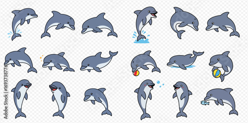 A collection of cute cartoon dolphins depicted in various playful poses and actions, including jumping, swimming, and interacting with toys.