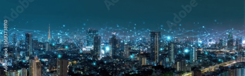 Urban skyline illuminated at night with digital connections over cityscape in a vibrant metropolis