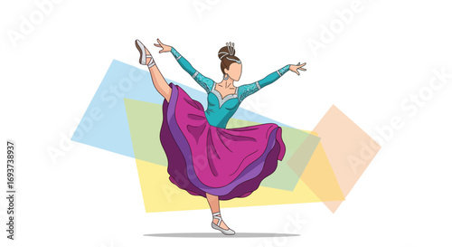 Vibrant Female Dancer Performing with Flowing Skirt and Abstract Shapes
