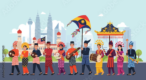 Malaysian Cultural Diversity Parade with Traditional Costumes, Musical Instruments, and Iconic City Skyline