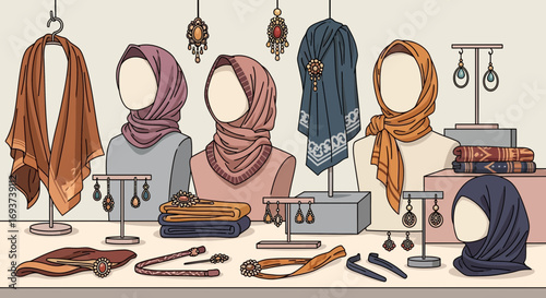 Modest Fashion Boutique Display: Hijabs, Scarves, and Traditional Jewelry Collection