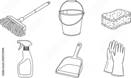 Line art illustration of cleaning supplies: mop, bucket, sponge, spray, dustpan, and gloves.