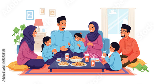 Happy Muslim Family Celebrating Eid Together at Home, Enjoying Festive Meal and Snacks. Southeast Asian Cultural Gathering.