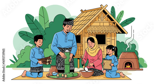 Traditional Malay Family Cooking Festive Food: Lemang & Ketupat Preparation at Kampung House. Cultural Celebration.
