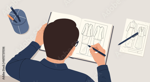 Fashion Designer Sketching Clothing Ideas in a Notebook. Creative Process Illustration.