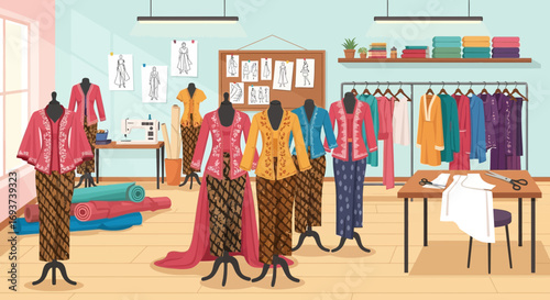 Fashion Design Studio Illustration with Traditional Attire on Mannequins, Sewing Equipment, and Fabric