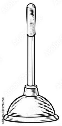 Household plumbing tool with handle and suction cup in classic line art drawing style