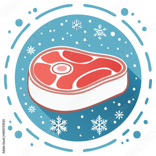 Cartoon illustration of a raw meat steak in a snowy winter scene.